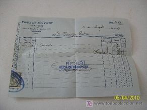 Facturas antiguas: VIUDA DE BENAVENTE.- CAMISERÍA- ALICANTE-6 DE AGOSTO DE 1937-RECIBO Nº. 1343